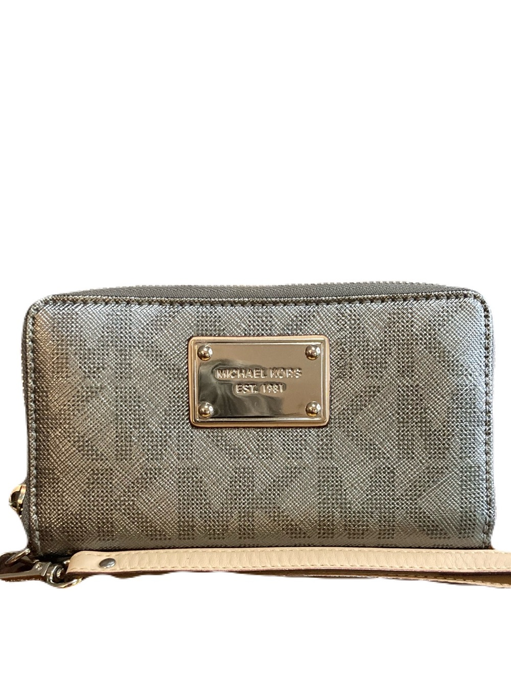 Michael Kors Jet Set Metallic Gunmetal Silver Zip Around Wallet Wristlet EUC